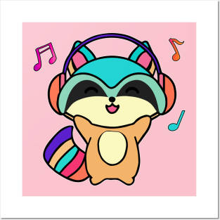 Happy smiling baby raccoon with headphones. Kawaii cartoon Posters and Art